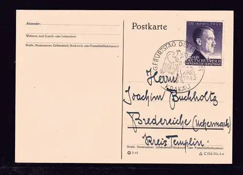 GG, Postkarte mit Hitler-EF. (Mi.-Nr. 101)