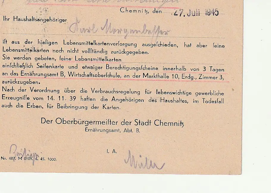 Sächsische Schwärzung Chemnitz Behördenkarte 5 Pfg.