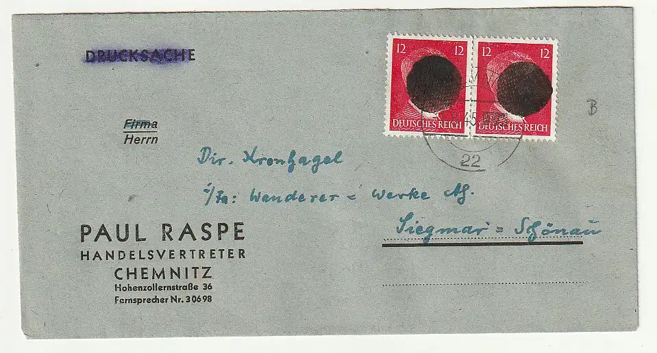 Sächsische Schwärzung Chemnitz 2x12 Pfg.