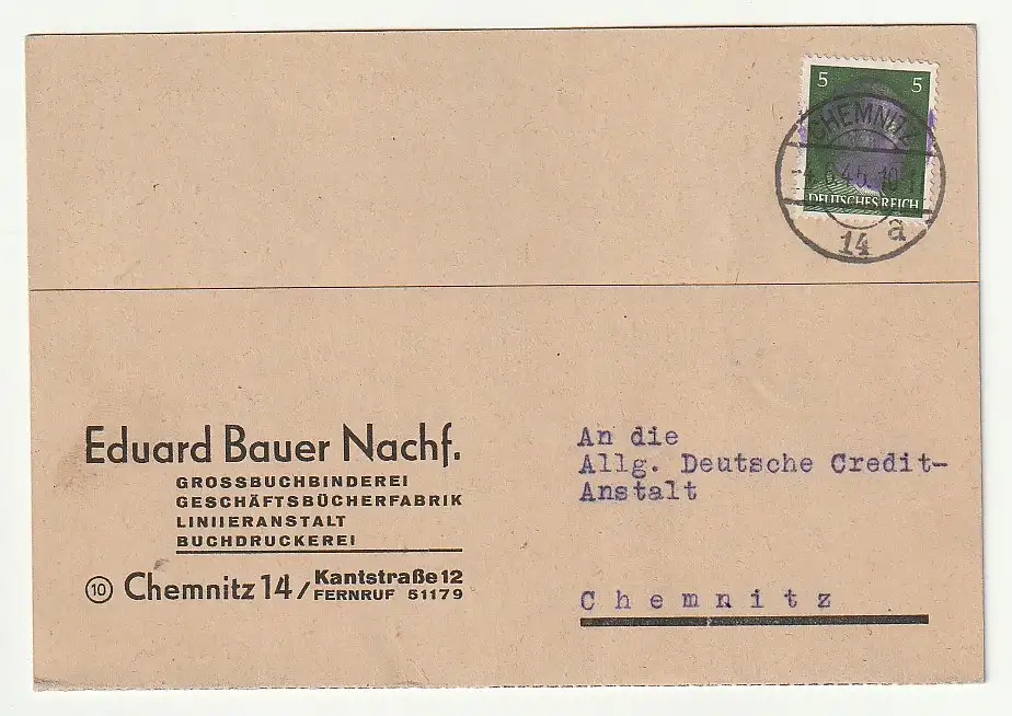 Sächsische Schwärzung Chemnitz Firmenkarte 5 Pfg.
