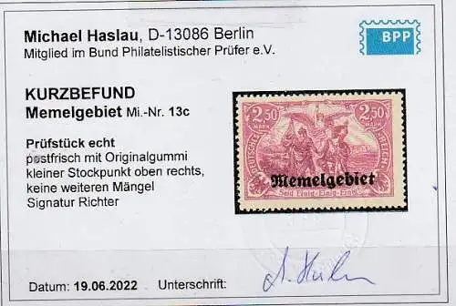 Memel: Michel-Nr. 13 c, ** (MNH), KBefund