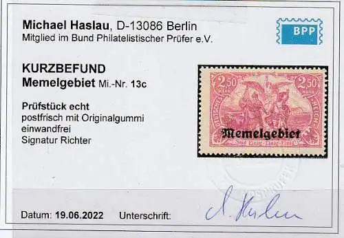 Memel: Michel-Nr. 13 c, ** (MNH), KBefund