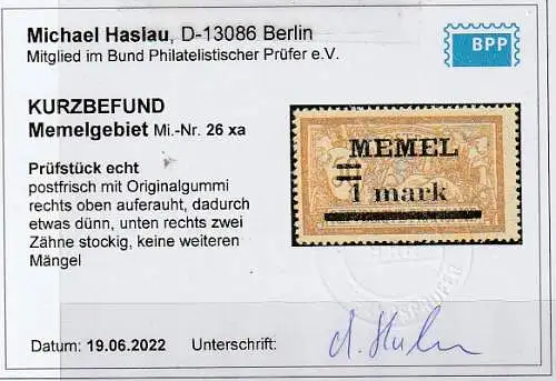 Memel: Michel-Nr. 26 xa, ** (MNH), KBefund