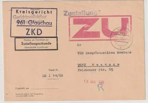 ZKD-Brief mit Zustellurkunde, roter Kastenstempel "ZU"