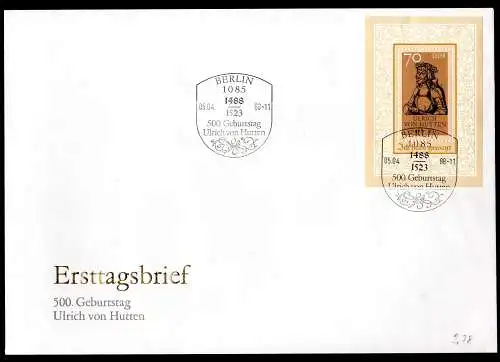 DDR, FDC Block "500. Geburtstag von Ulrich von Hutten"