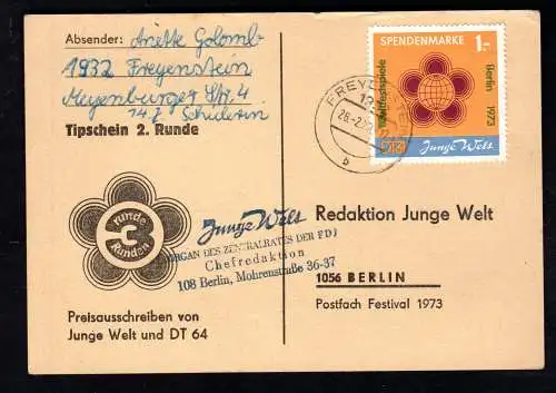 Tippschein der Jungen Welt mit gestempelter Spendenmarke Nr. 1