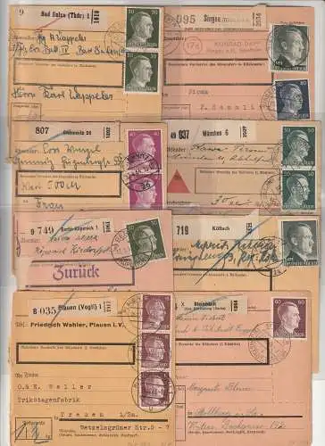 19 Paketkarten mit Hitler-Frankaturen; EF, MeF, MiF