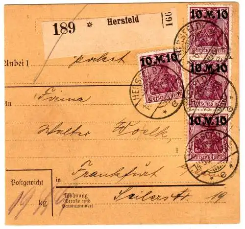 DR/Infla: Paketkarte mit 4x 157II - reine MeF, gepr.