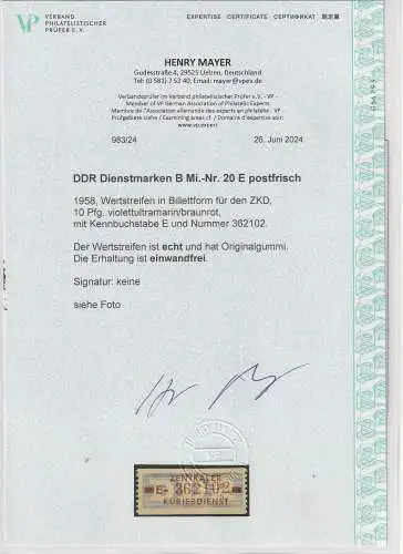 DDR-ZKD-Marke 20 E (original), ** (MNH) Attest Mayer