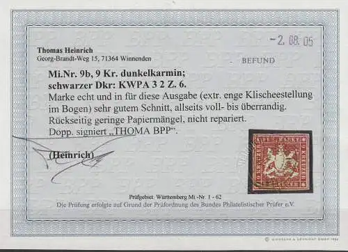 Württemberg Nr. 9b, gestempelt, BPP-Befund