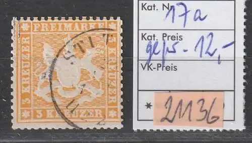 Württemberg Nr. 17 xa, gestempelt, bestgeprüft Thoma BPP