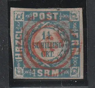 Schleswig-Holstein Nr. 6 mit seltenem Stempel "Preetz" in rot, Befund