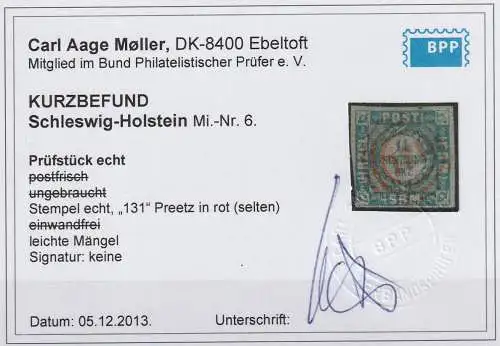 Schleswig-Holstein Nr. 6 mit seltenem Stempel "Preetz" in rot, Befund