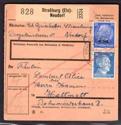 Elsaß, Paketkarte in Mischfrankatur Elsaß / DR (Hitler)