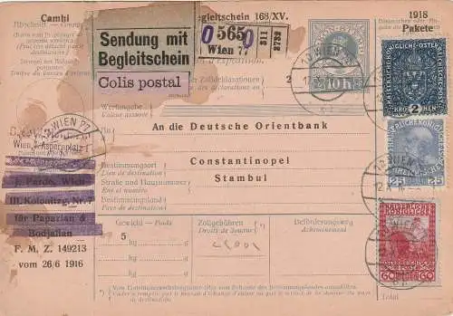 Österreich: Paketkarte 1916 in die Türkei 