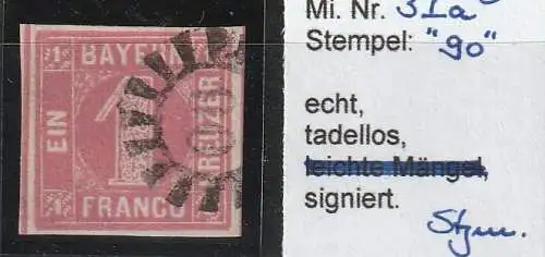 Bayern Nr. 3 Ia, Nummernstempel 90, bestgeprüft Stegmüller BPP