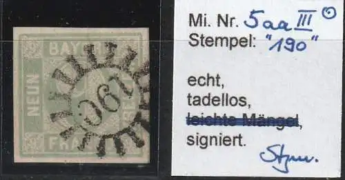 Bayern Nr. 5 aa III, Nummernstempel 190, bestgeprüft Stegmüller BPP