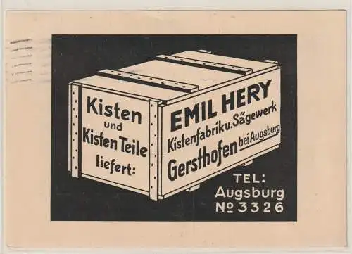 Reklamekarte "Emil Hery Kistenfabrik", Gersthofen