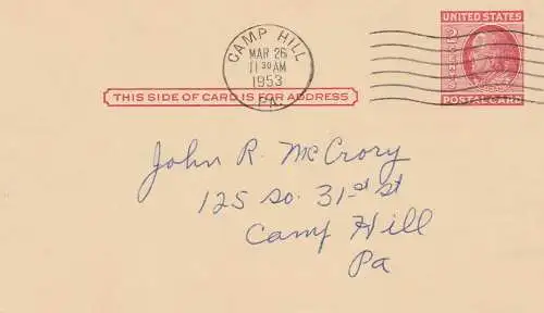 USA: Reklamekarte (Postal card with advertising), Camp Hill, PA, 1953