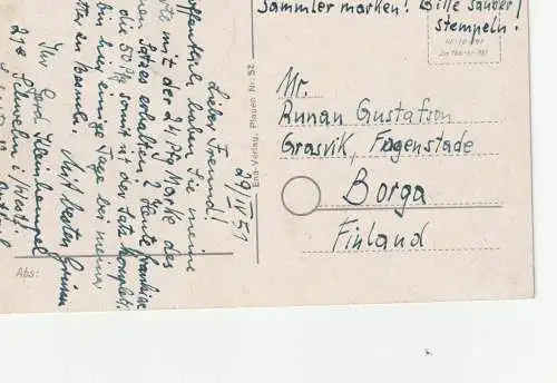 DDR: Ans.-karte nach Finnland mit 50 Pfg. D.-Poln.-Frdschaft 1951