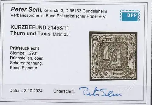 Thurn&Taxis: Nr. 35, Nrn.-Stempel 298, KBefund Sem BPP
