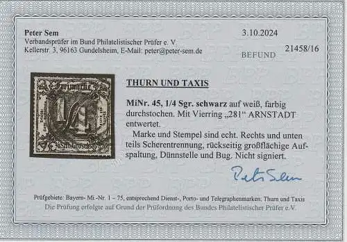 Thurn&Taxis: Nr. 45, Nrn.-Stempel 281 (Arnstadt), Befund Sem BPP