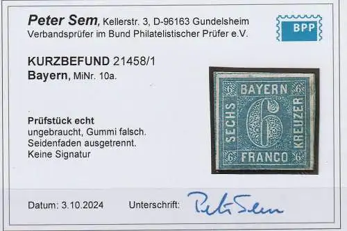Bayern Nr. 10a (6 Kreuzer) ungebraucht. Befund Sem 