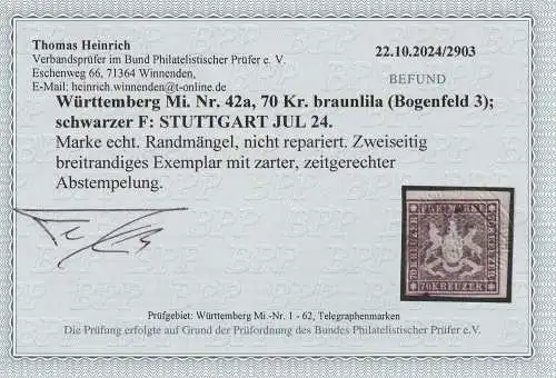 Württemberg: Nr. 42 a, zart gestempelt, Befund Heinrich BPP
