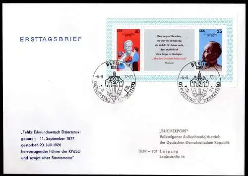 DDR, FDC Block "100. Geburtstag von Feliks Dserschinskij"