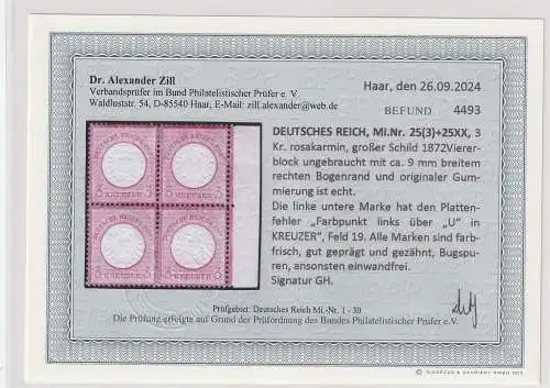 DR: Brustschild Nr. 25 im ungebr. Viererblock, Befund Zill BPP