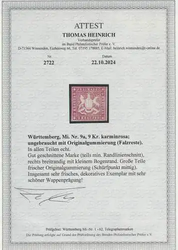 Württemberg: Nr. 9 a, ungebraucht, Attest Heinrich BPP