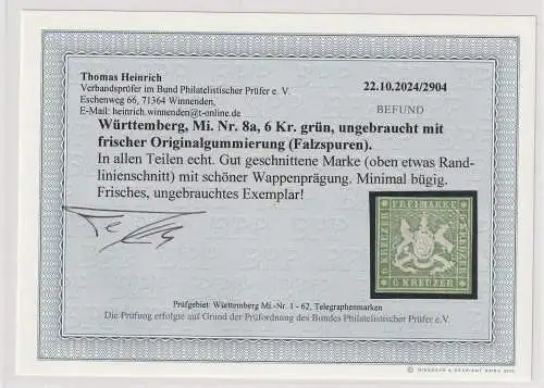 Württemberg: Nr. 8 a, ungebraucht, Befund Heinrich BPP