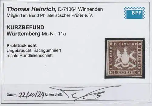 Württemberg: Nr. 11 a, ungebraucht, Kurzbefund Heinrich BPP