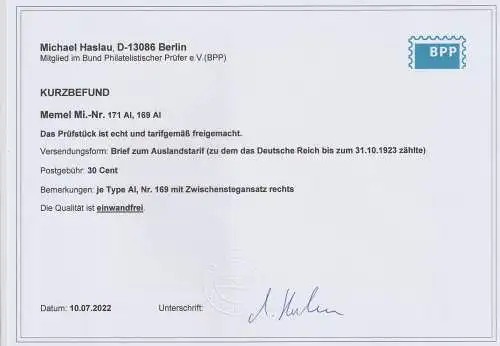 Memel Brief mit 169 und 171 AI, Befund Haslau BPP