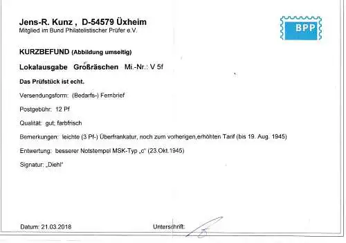 Großräschen Postzettel V 5f auf Bedarfsbrief, Befund Kunz