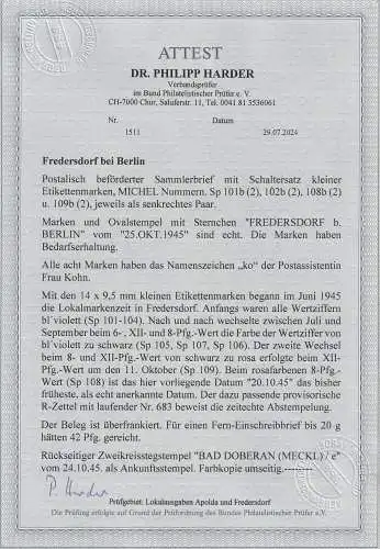 Fredersdorf Einschreibbrief mit u.a. Nr. 108b (2), Attest Dr. Harder BPP