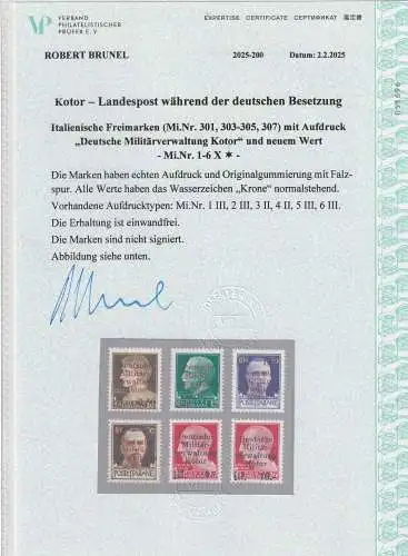 Kotor Aufdruckmarken 1 - 6 **, Attest Brunel