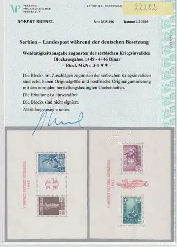 Serbien Kriegsinvaliden-Blocks 3+4, **, Attest Brunel