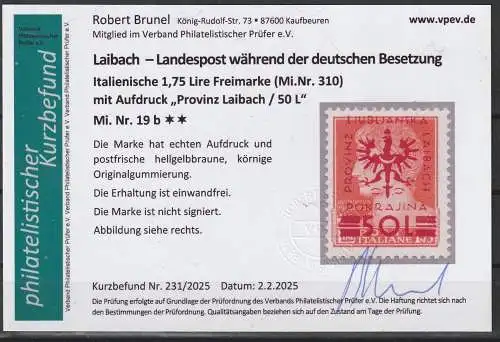 Laibach: Freimarke Nr. 19 in guter Farbe "b", **, Befund Brunel