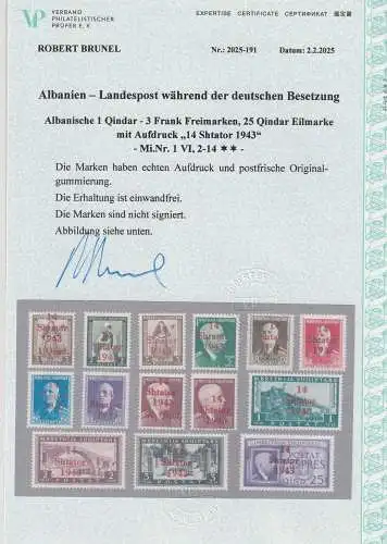 Albanien 1 - 14 ** (MNH), Attest Brunel