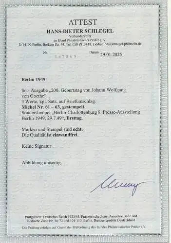 Berlin 1949: Goethesatz auf Ersttagsbrief, Attest Schlegel