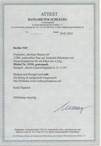 Berlin: 3 DM Bauten im Paar auf Ausl.-Paketk., Attest Schlegel