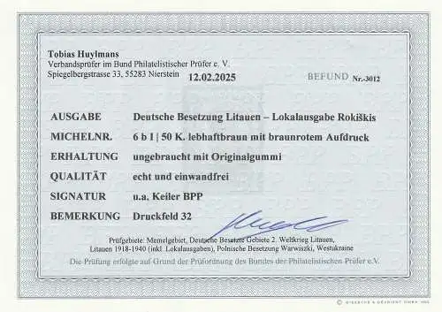 Dt. Bes. Litauen / Rokiski Nr. 6 b I, ungebraucht, Befund Huylmans BPP