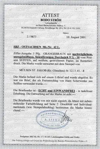 Ostsachsen Postmeisterzng. Seiffen - Nr. 42 L - gestempelt, Attest Ströh