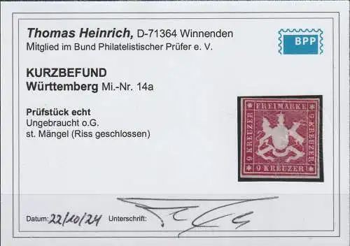 Württemberg: Nr. 14 a, ungebraucht o.G, Kurzbefund Heinrich BPP