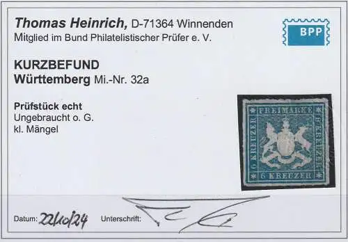 Württemberg: Nr. 32 a, ungebraucht, Kurzbefund Heinrich BPP