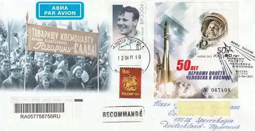 Russland 2011: 50 Jahre Gagarin-Flug; Block auf R-Brief