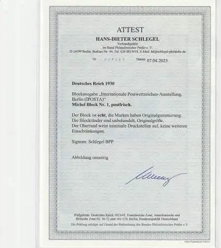 DR: IPOSTA-Block postfrisch, Attest Schlegel