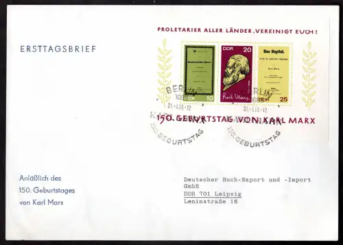 DDR, FDC Block "150. Geburtstag von Karl Marx"