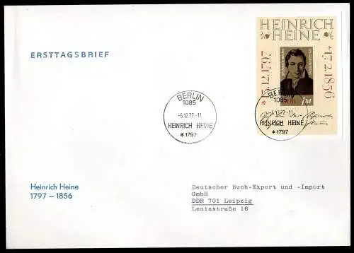 DDR, FDC Block "175. Geburtstag von Heinrich Heine"